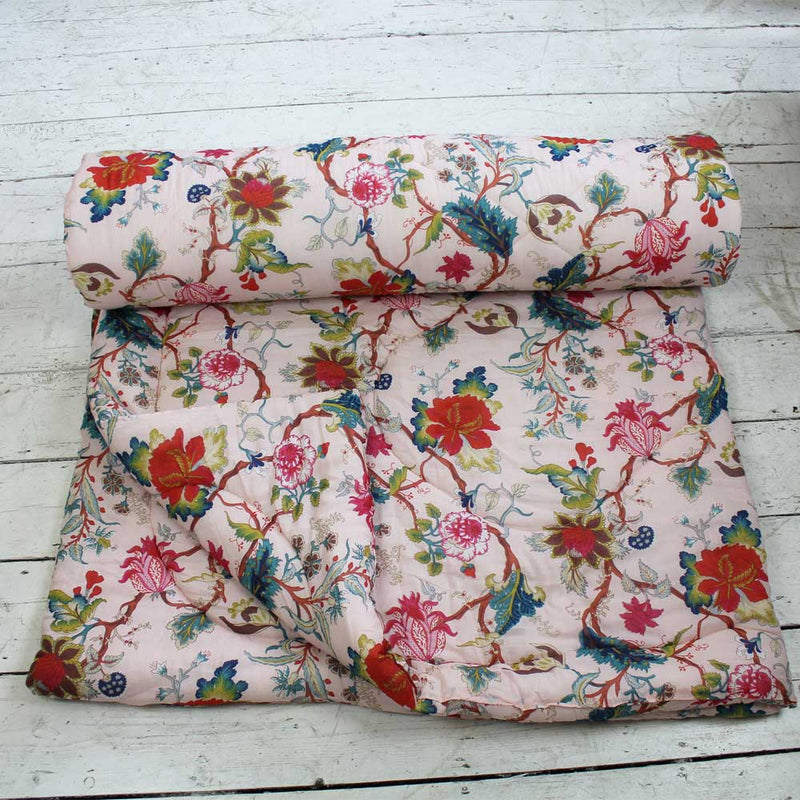 Pink Exotic Flower Print Cotton Indian Bed Quilt