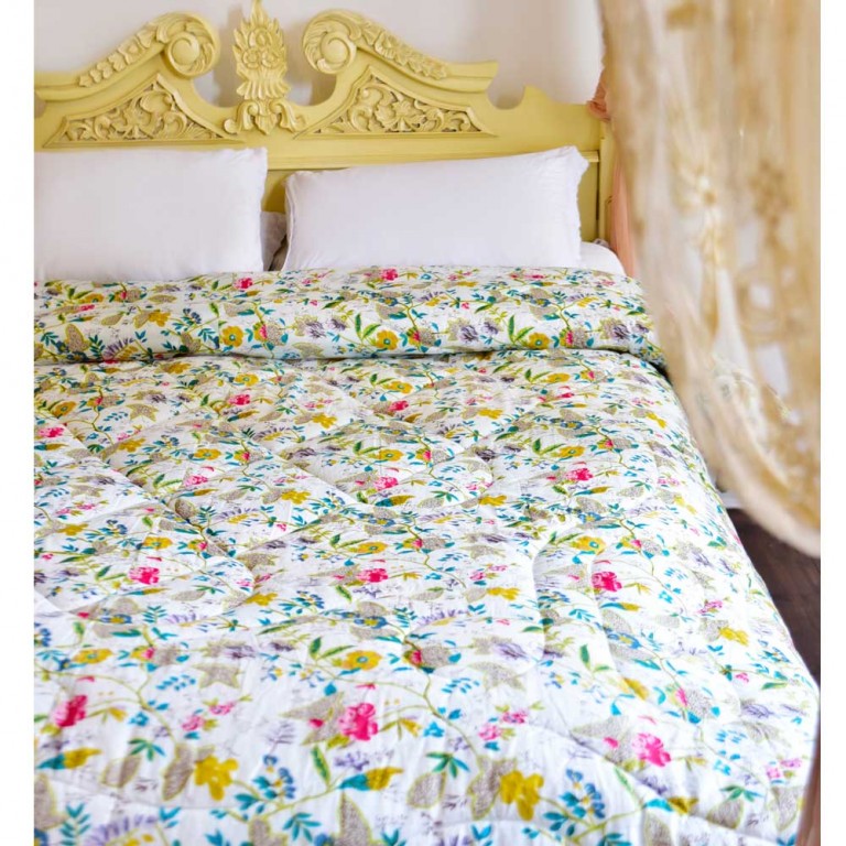 White Leaf Floral Print Cotton Indian Bed Quilt