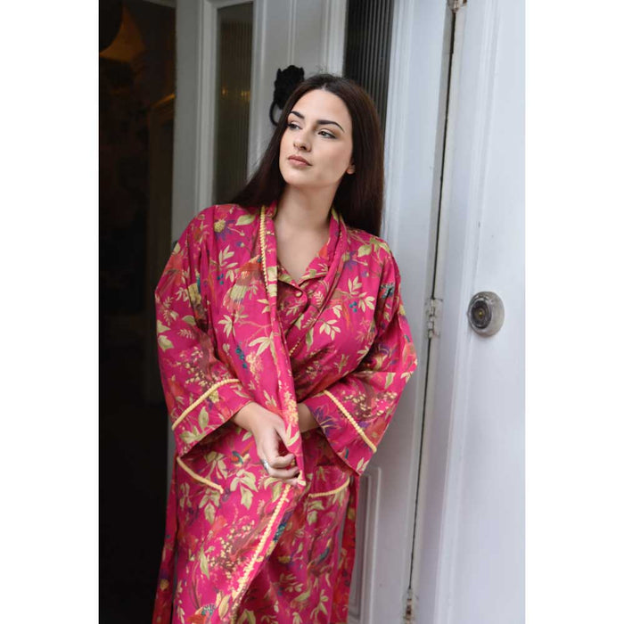 Ladies Hot Pink Birds of Paradise Print Cotton Dressing Gown