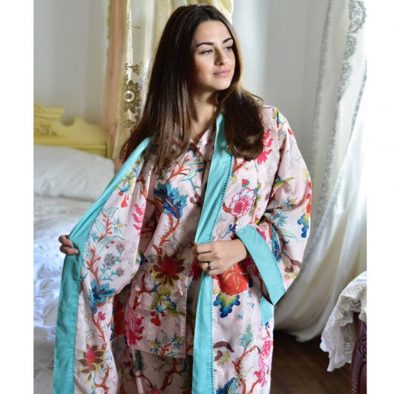Ladies Pink Exotic Flower Print Cotton Dressing Gown
