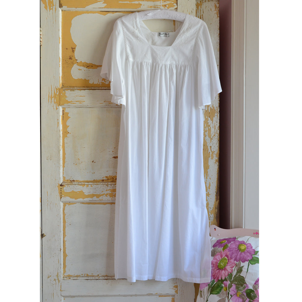 Ladies White Cotton Nightdress with Fluted Sleeves 'Valentina'