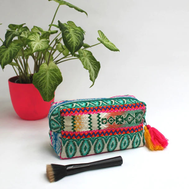 Embellished Turquoise Green Jacquard Cosmetic Pouch Bag